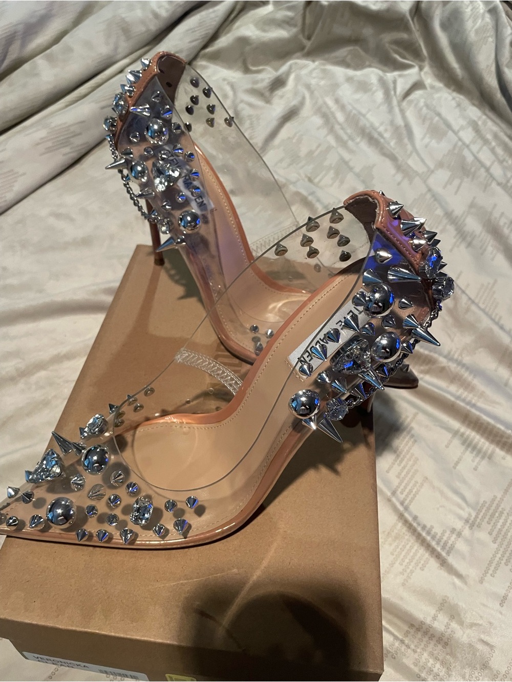 Steve Madden Clear PVC Nude Insole Spike & Crystal Pointed Pumps - Picture 3 of 6